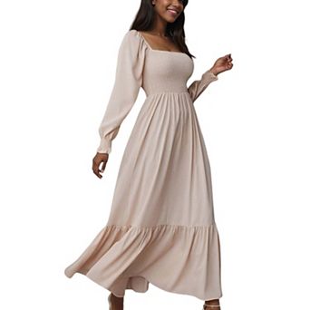 Women's Square Neck Shirred Ruffle Hem Long Sleeve Maxi Dress