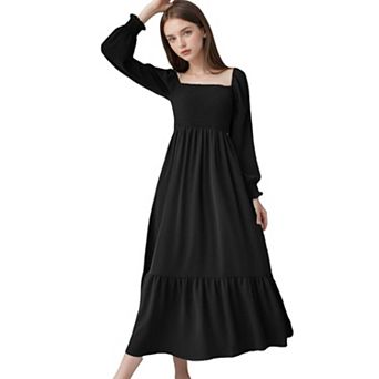 Women's Square Neck Shirred Ruffle Hem Long Sleeve Maxi Dress