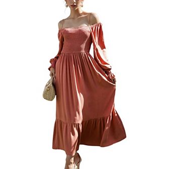 Women's Square Neck Shirred Ruffle Hem Long Sleeve Maxi Dress