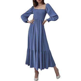 Women's Square Neck Shirred Ruffle Hem Long Sleeve Maxi Dress