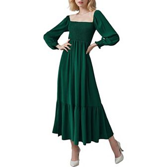 Women's Square Neck Shirred Ruffle Hem Long Sleeve Maxi Dress