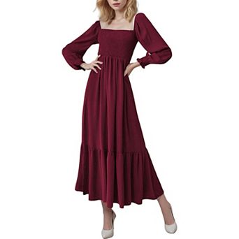 Women's Square Neck Shirred Ruffle Hem Long Sleeve Maxi Dress