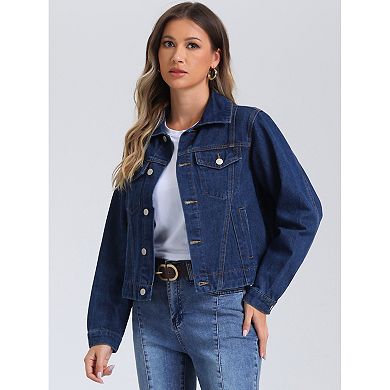 Denim Jacket For Women's Vintage Casual Collar Long Sleeve Button Down Jean Denim Jacket
