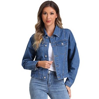 Denim Jacket For Women's Vintage Casual Collar Long Sleeve Button Down Jean Denim Jacket