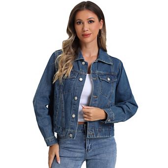 Denim Jacket For Women's Vintage Casual Collar Long Sleeve Button Down Jean Denim Jacket