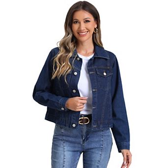 Denim Jacket For Women's Vintage Casual Collar Long Sleeve Button Down Jean Denim Jacket