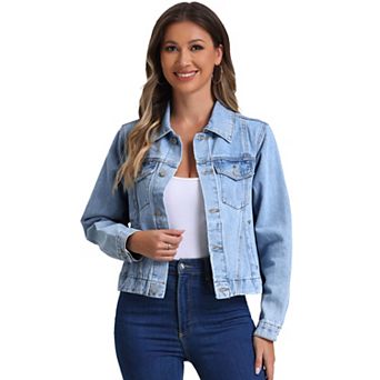 Denim Jacket For Women's Vintage Casual Collar Long Sleeve Button Down Jean Denim Jacket