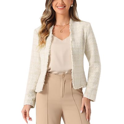 Plaid Tweed Long Sleeve Open Front Work Office Jacket Beige M