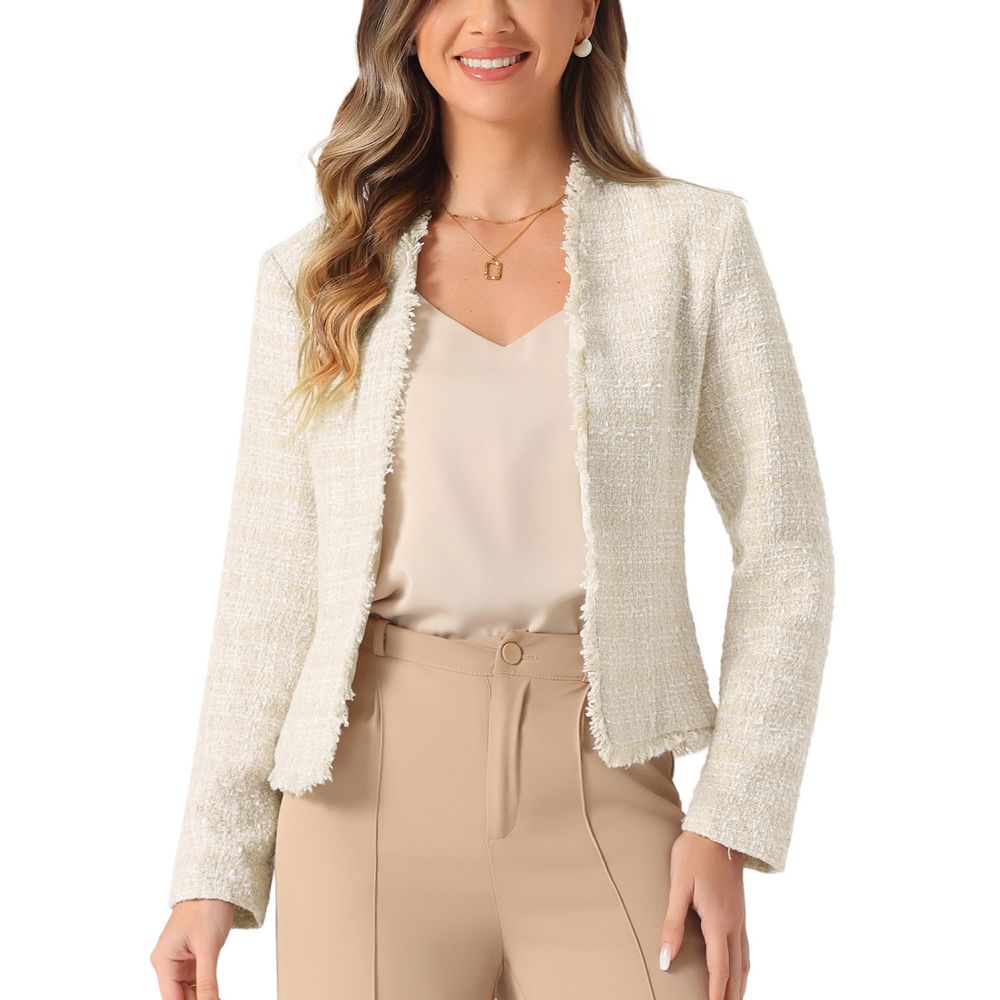 Plaid Tweed Blazer for Women's Long Sleeve Open Front Work Office
