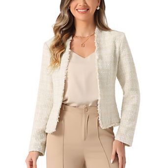 Plaid Tweed Blazer for Women's Long Sleeve Open Front Work Office Jacket