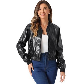Faux Leather Bomber Jacket for Women's Moto Bike Zip Up PU Cropped Coat