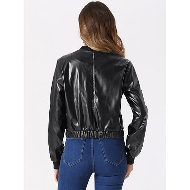 Faux Leather Bomber Jacket for Women's Moto Bike Zip Up PU Cropped Coat