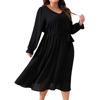Plus Size Swiss Dot Dress for Women Long Sleeve Tie Belt a Line Flowy Midi Dresses with Pockets