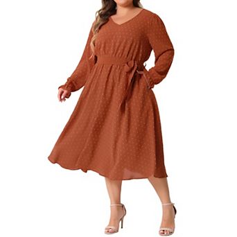 Plus Size Swiss Dot Dress for Women Long Sleeve Tie Belt a Line Flowy Midi Dresses with Pockets