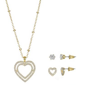 Gold Tone Cubic Zirconia Pave Heart Pendant Necklace & Stud Earrings Duo Set