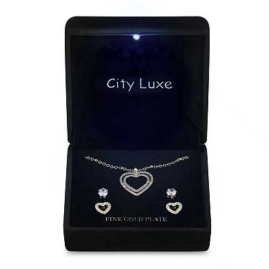 Gold Tone Cubic Zirconia Pave Heart Pendant Necklace & Stud Earrings Duo Set