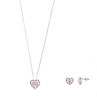 Silver Tone Pink & Clear Cubic Zirconia Heart Pendant Necklace & Stud Earrings Set