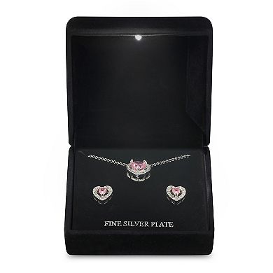 Silver Tone Pink & Clear Cubic Zirconia Heart Pendant Necklace & Stud Earrings Set