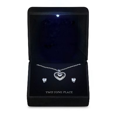 Two-Tone Cubic Zirconia Heart Pendant Necklace & Heart Stud Earrings Set