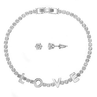 Silver Tone Cubic Zirconia "Love" Tennis Bracelet & Stud Earrings Set
