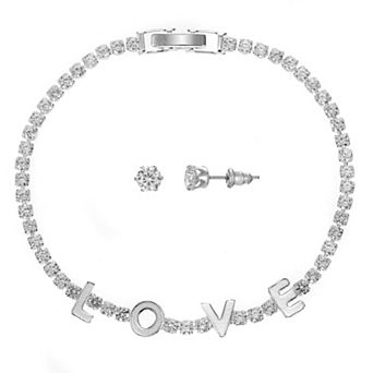 Silver Tone Cubic Zirconia "Love" Tennis Bracelet & Stud Earrings Set