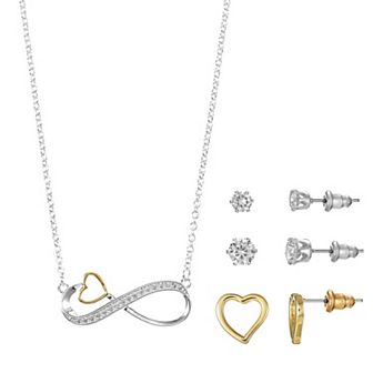 Two-Tone Cubic Zirconia & Crystal Infinity Necklace & Stud Earrings Trio Set