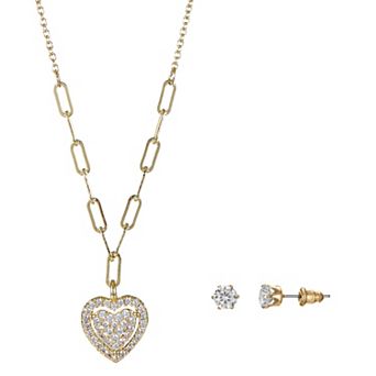 Gold Tone Cubic Zirconia Heart Paperclip Chain Pendant Necklace & Stud Earrings Set