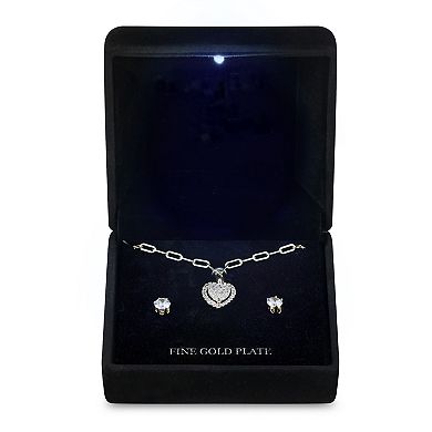 Gold Tone Cubic Zirconia Heart Paperclip Chain Pendant Necklace & Stud Earrings Set