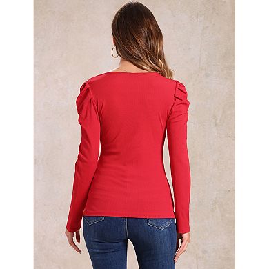 Women's Square Neck Long Sleeve Casual Basic Ribbed Tunic Blouse