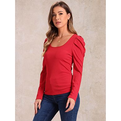 Women's Square Neck Long Sleeve Casual Basic Ribbed Tunic Blouse