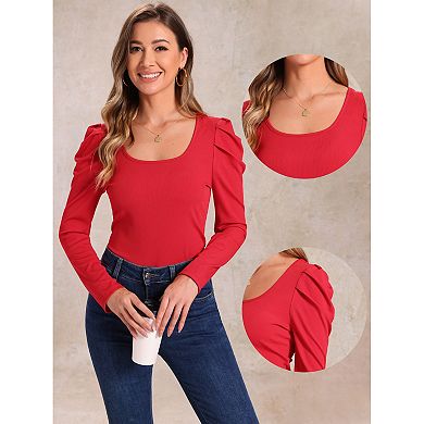 Women's Square Neck Long Sleeve Casual Basic Ribbed Tunic Blouse