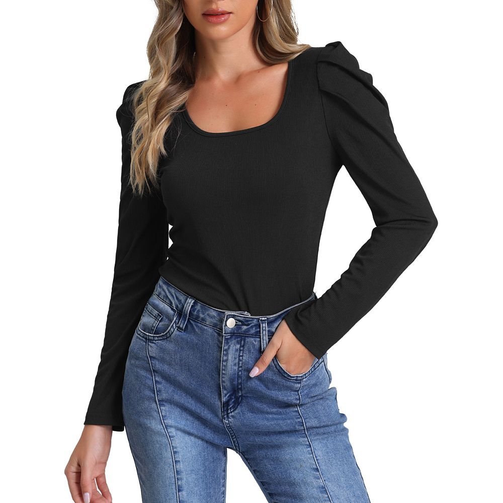 Square Neck Ruched Long Sleeve Blouse main image 1