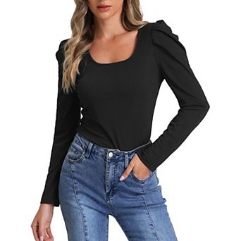 Women's Square Neck Long Sleeve Casual Basic Ribbed Tunic Blouse
