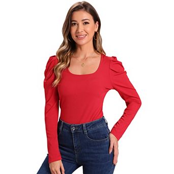 Women's Square Neck Long Sleeve Casual Basic Ribbed Tunic Blouse