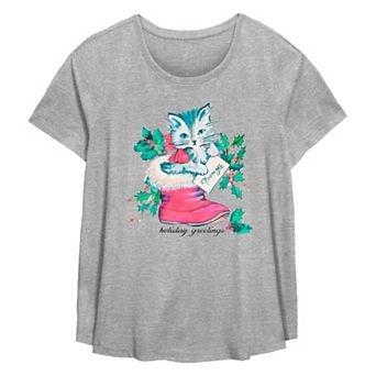 Plus Size Holiday Greetings Christmas Kitty Stocking Stuffer Flowy Graphic Tee