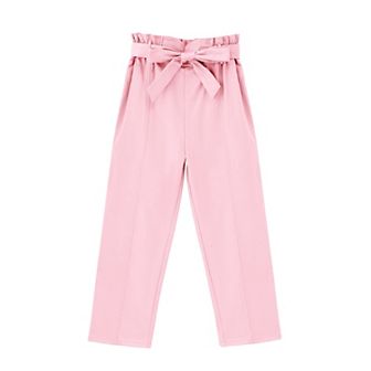 Girls Cute Fashion Belted Ruffle High Waist Wide Leg Loose Casual Fit Pants With Side Pockets