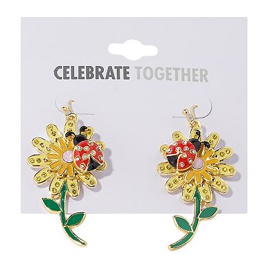 Celebrate Together Gold Tone Ladybug Yellow Flower Drop Earrings