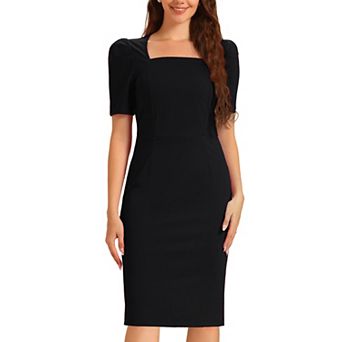 Square Neck Dress for Women Short Sleeve Rear Slit Above Knee Business Casual Pencil Dress