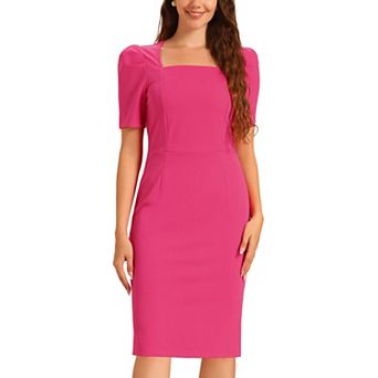 Square Neck Dress for Women Short Sleeve Rear Slit Above Knee Business Casual Pencil Dress