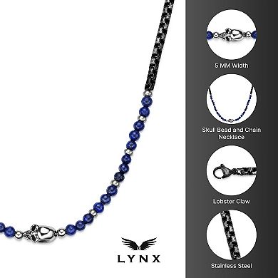 Men's LYNX Stainless Steel Box Chain Bead Skull Necklace
