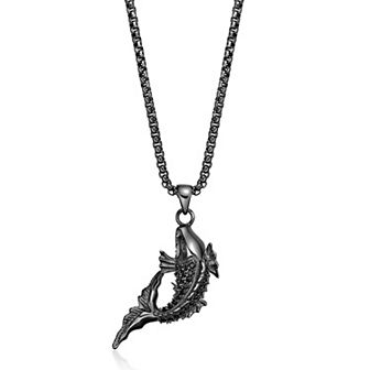 LYNX Men's Stainless Steel Black Spinel Koi Fish Pendant Necklace