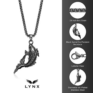 LYNX Men's Stainless Steel Black Spinel Koi Fish Pendant Necklace