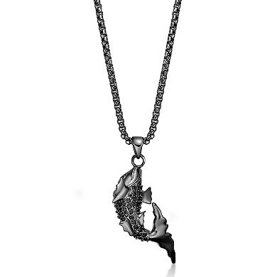 LYNX Men's Stainless Steel Black Spinel Koi Fish Pendant Necklace