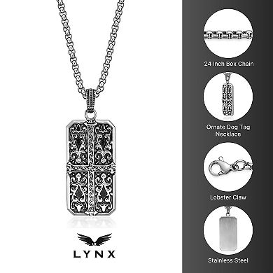 LYNX Men's Stainless Steel Ornate Dog Tag Pendant Necklace