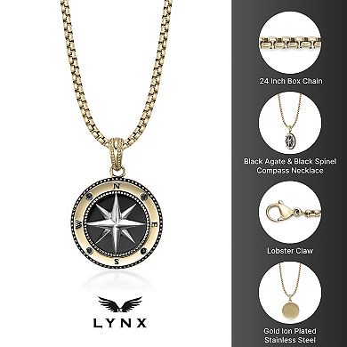 Men's LYNX Stainless Steel Black Agate & Black Spinel Compass Pendant Necklace