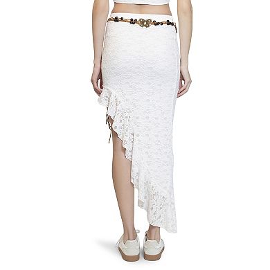 Juniors' madden girl Floral Lace Asymmetrical Ruffle Hem Midaxi Skirt with Belt