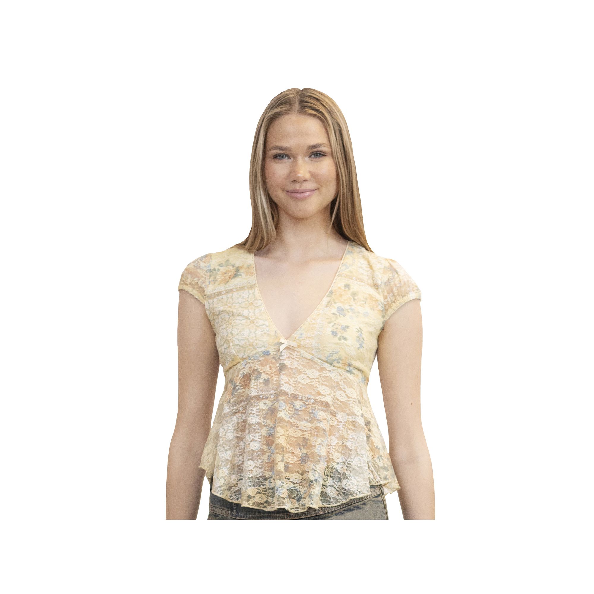 Juniors madden girl Cap Sleeve Lace Babydoll Top, Girls, Size: XS, Ivory 