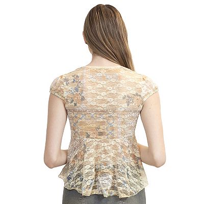 売れ筋商品|||マッデンガール カットソー トップス レディース Juniors' V-Neck Cap Sleeve Babydoll Lace Top Double Cream Combo Madden Girl Juniors' V-neck Cap Sleeve Babydoll Lace Top In