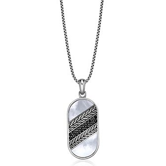 LYNX Men's Stainless Steel Black Spinel & Mother of Pearl Dog Tag Pendant Necklace