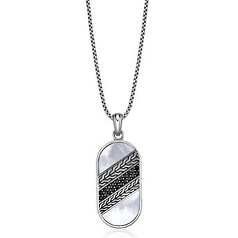 LYNX Men's Stainless Steel Black Spinel & Mother of Pearl Dog Tag Pendant Necklace